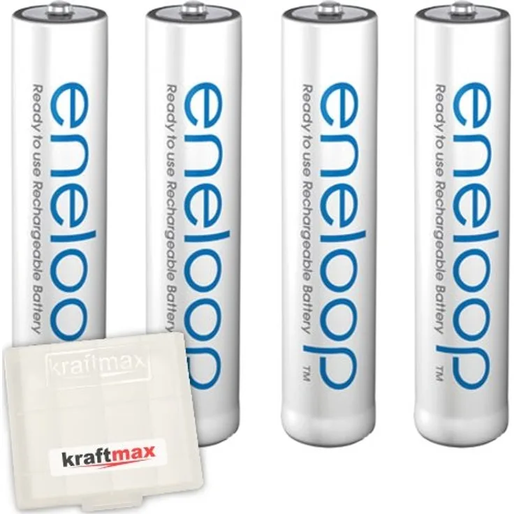 Kraftmax 4er-Pack Panasonic Eneloop AAA / Micro Akkus Neueste Generation Hochleistungs Akku Batterien in Kraftmax Akkubox V5, 4er Pack