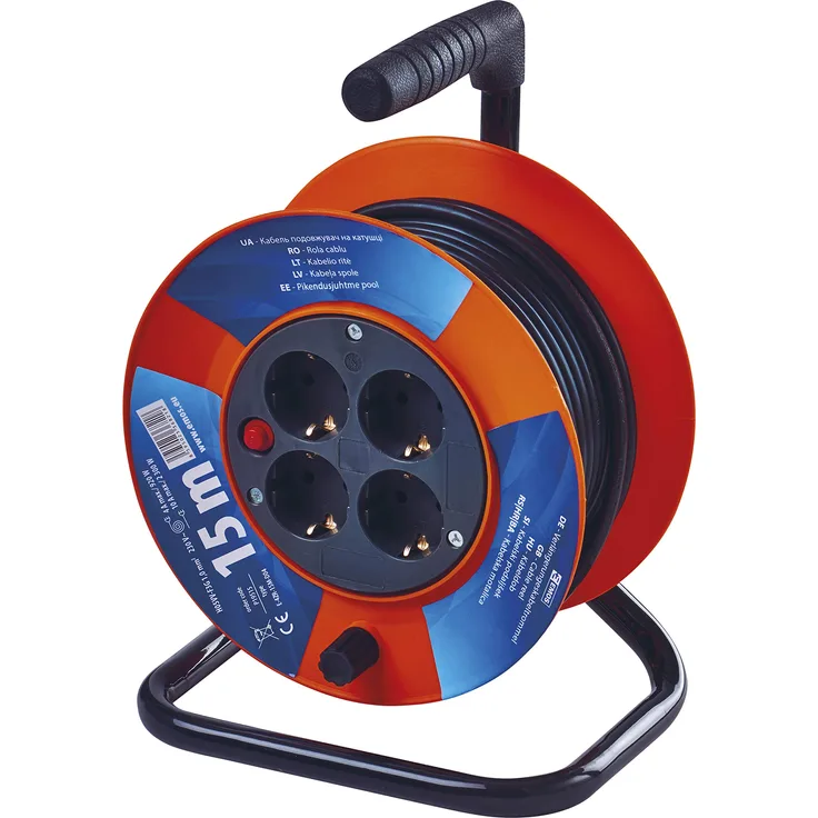 EMOS P19515 4-er Mini-Kabeltrommel 15m - 4-Fach Kabelrolle-Indoor Leitungsroller mit Kurbel, Überhitzungsschutz - 2300 W, IP20, 230 V