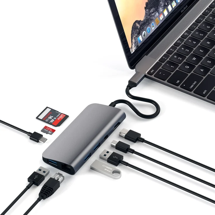 Satechi Typ C Multimedia Adapter mit 4K HDMI, Mini-DisplayPort, USB-C PD, Gigabit Ethernet, USB 3.0 und MikroSD/SD-Kartensteckplätzen aus Aluminium für 2016/2017 MacBook Pro and 2015/2016/2017 MacBook (Space Grau) – Bild 1