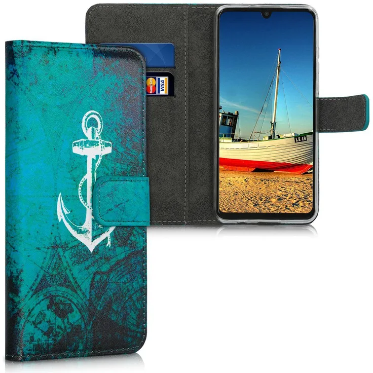 kwmobile Handyhülle, Hülle für Huawei P30 Lite - Polyurethan Handy Wallet Case mit Kartenfächern und Stand - Anker Landkarte Design