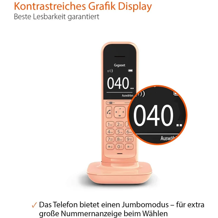 Gigaset CL390HX Universal Mobilteil, Design Telefon, geeignet für FRITZ!Box und HD Voice Freisprechfunktion, schnurloses DECT Telefon mit großem Grafik Display, Cantaloupe, VoIP-Telefon, orange – Bild 3