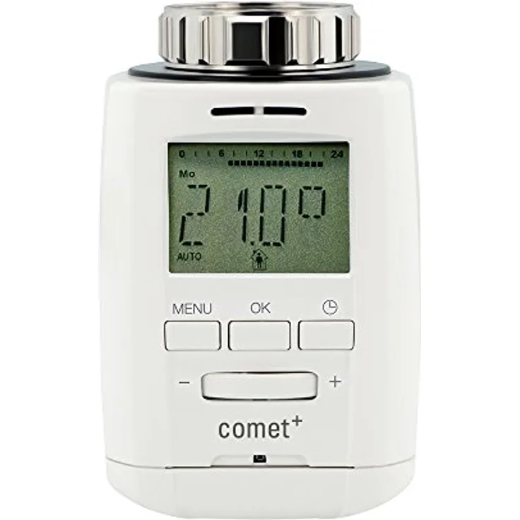 Eurotronic Comet Plus Heizkörperthermostat, bis 30 % Heizkosten sparen, individuell programmierbar, Heizungsthermostat inkl. Adapter + Batterien, Smarthome-Zubehör