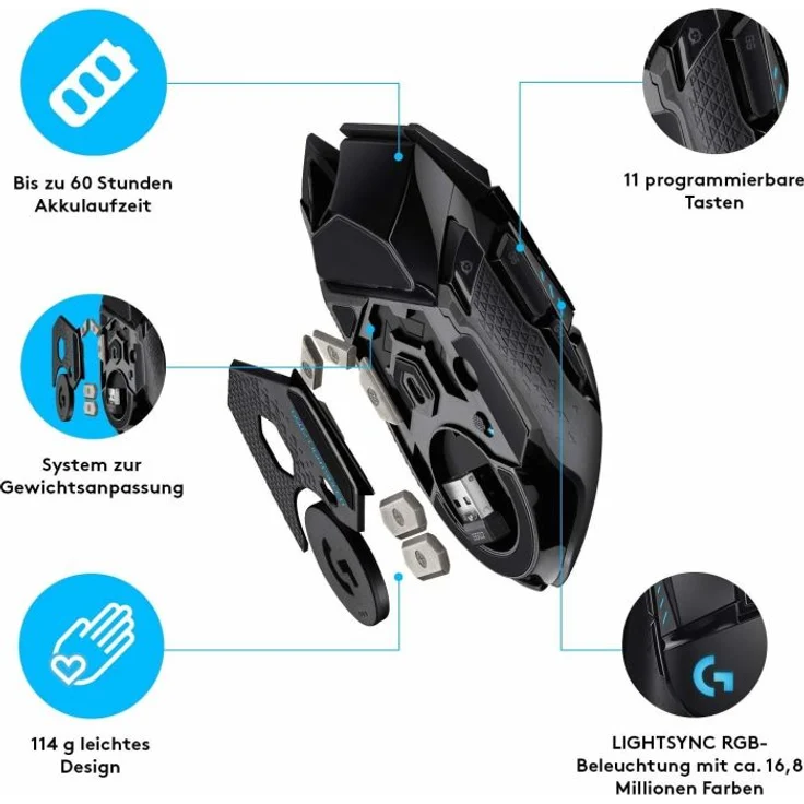 Logitech G502 LIGHTSPEED Wireless Gaming Maus, Kabellose Verbindung, USB-Anschluss, HERO 16000 DPI Sensor, RGB-Beleuchtung, Gewichtstuning, Powerplay-Kompatibel, PC-Mac - schwarz – Bild 5