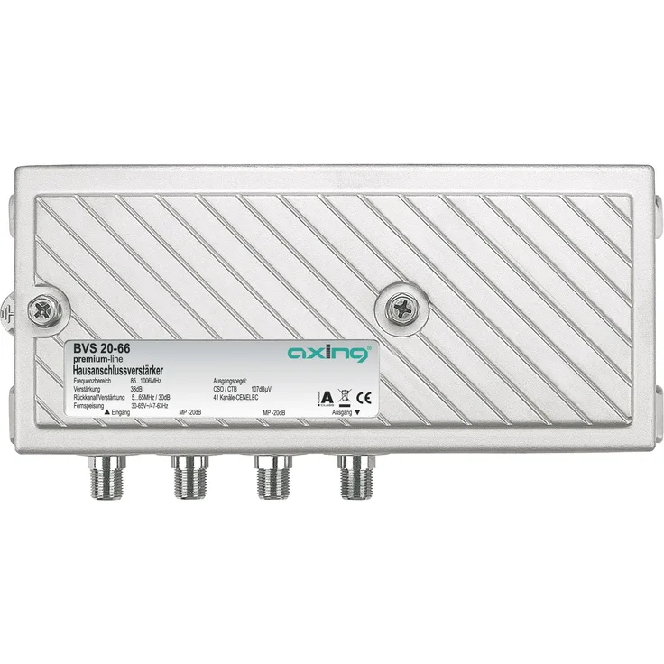 Axing BVS 20-66 Hausanschluss-Verstärker für Kabelfernsehen digital, eingebauter aktiver Rückkanal, zur Fernspeisung (38dB, 107dBµV, 1006 MHz)