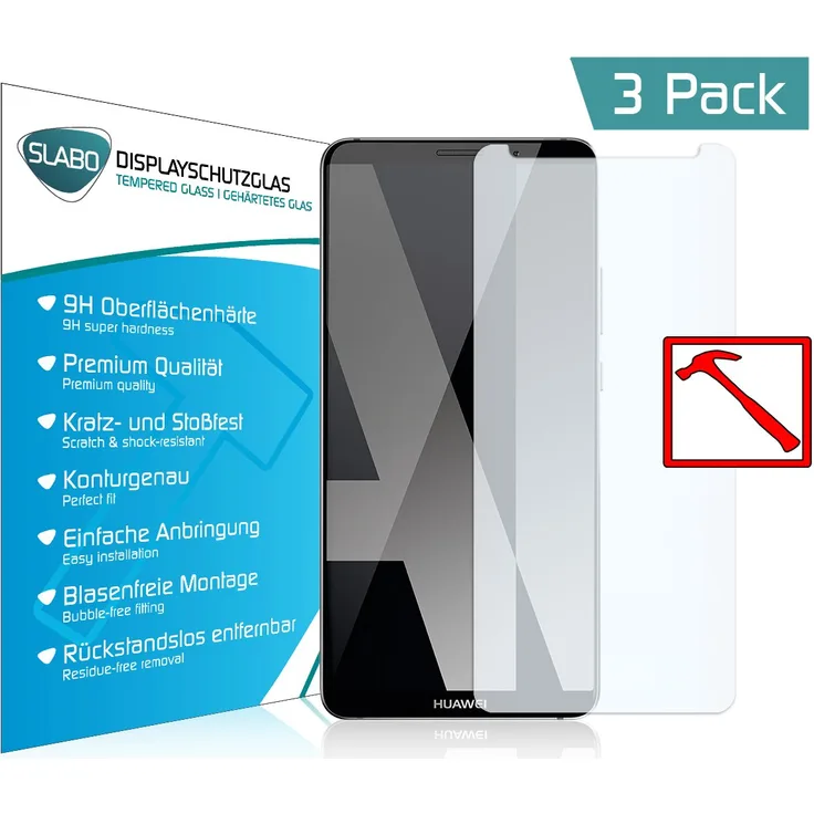 3 x Slabo PREMIUM Panzerglas Huawei Mate 10 Pro Echtglas Displayschutzfolie Schutzfolie Folie (verkleinerte Folien, aufgrund der Wölbung des Displays) ''Tempered Glass'' KLAR - 9H Hartglas