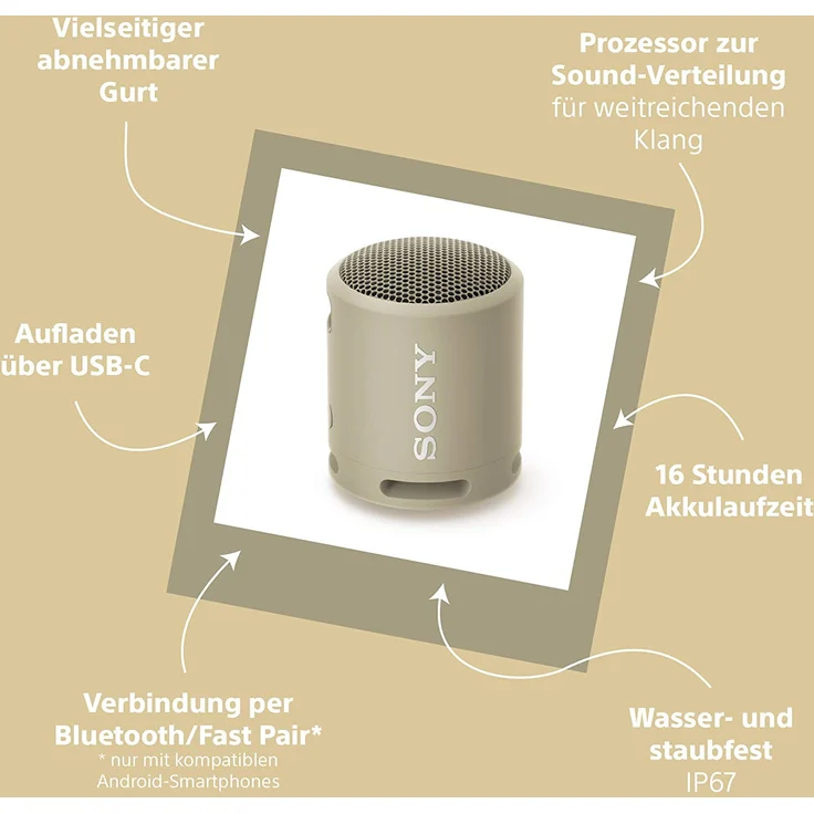 Sony SRS-XB13 Bluetooth-Lautsprecher, tragbar, Extra Bass, 16 Stunden Akkulaufzeit, wasserfest (IP67), Taupe – Bild 6