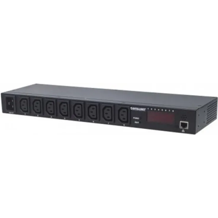 Intellinet 19'' 8-fach IP-Steckdosenleiste Smart PDU mit C13-Kaltgerätesteckdosen Kontrolliert Strom sowie Temperatur und Luftfeuchtigkeit C20-Stromeingang HE schwarz 163682