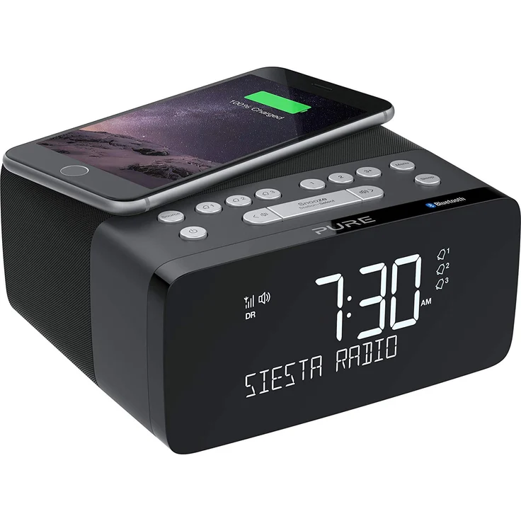 Pure Siesta Charge Radiowecker mit Ladepad (Digitalradio mit DAB-DAB+ Digital- und UKW-Radiowecker, Bluetooth, USB, AUX, drahtlose Handy-Ladestation, 40 Senderspeicherplätze), Graphite – Bild 1