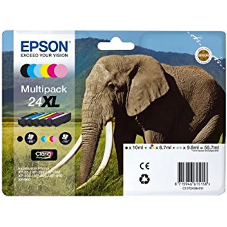 Epson Original 24XL Tinte Elefant (XP-750 XP-850 XP-950 XP-55 XP-760 XP-860 XP-960 XP-970) Multipack 6-farbig