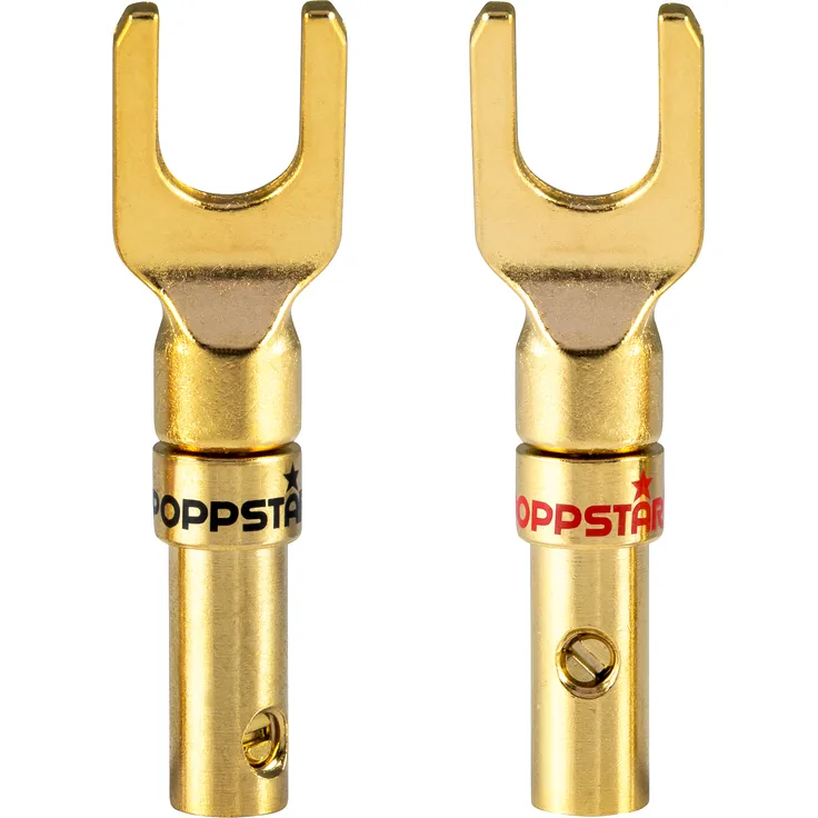 Poppstar 2x Kabelschuhe, Gabelstecker für elektrische Verbindung von Lautsprecherkabel, bis 4mm² Kabeldurchmesser, 24k vergoldet