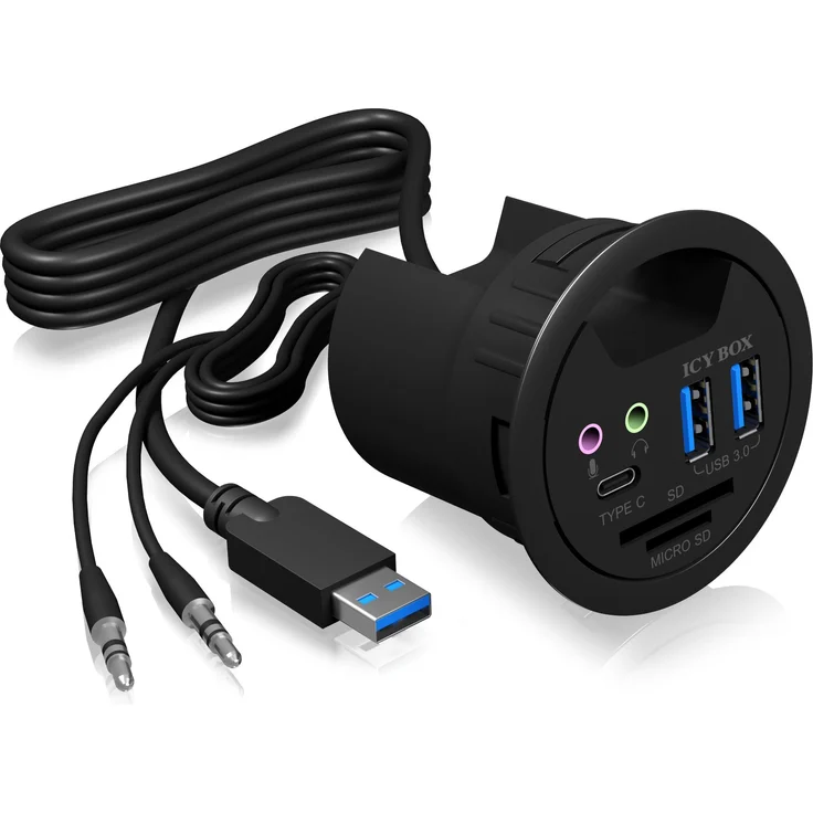 ICY BOX IB-Hub1404A Tisch-Hub (60 mm) zum Einbau, 3x USB 3.0 (2x Type-A, 1x Type-C), Kartenleser (SD-MicroSD), Audio Ein--Ausgang, Kabeldurchführung – Bild 1