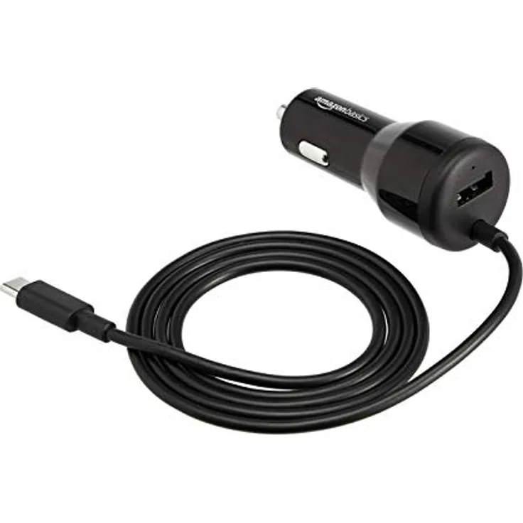 AmazonBasics - Kfz-Ladegerät, USB-C (18 W) mit Stromversorgung und USB-A (12 W), mit Kabel