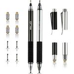 Elzo 3 in 1 Kapazitive Eingabestift Disc Stylus Gel Stift Touchstift Kugelschreiber 2 Stück mit 4 auswechselbare Disc-Spitzen und 2 auswechselbare Federspitzen Nanofiber Tipps für Touchscreen Tablet Asus/Lenovo und Mehr (Schwarz & Silber)