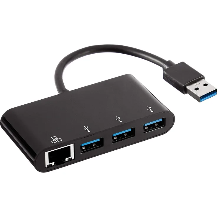 AmazonBasics – USB-3.0-Adapter mit 3 x USB-3.0-Ports und 1 x RJ45-Gigabit-Ethernet-Port, Schwarz