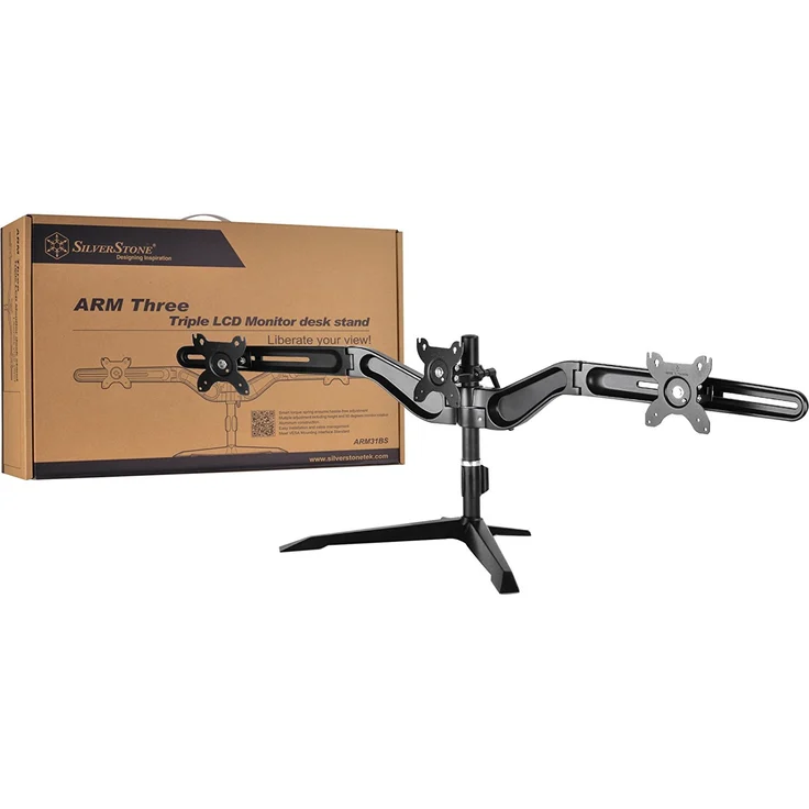 SilverStone SST-ARM31BS - Triple-LCD-/LED Monitorständer für 3 Monitore mit max. 24'', Montage der Monitore vertikal, Monitore 360° drehbar sowie ±15° schwenk- und kippbar, Maximale Montagelochabstände VESA MIS-D 75x75-100x100, schwarz – Bild 3