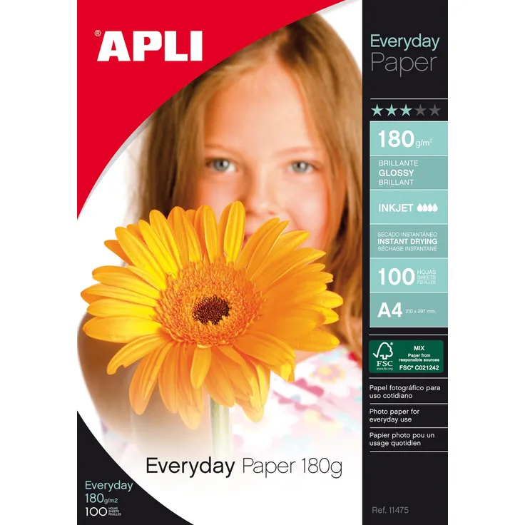 Apli 438960 - Fotopapier mit Glanz, 100 Blätter, A4, 180g