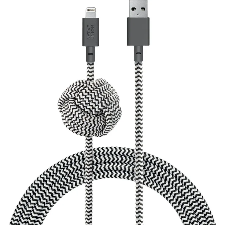 Native Union NIGHT Kabel - 3 Meter Ultra-Starkes Verstärktes [Apple MFi-Zertifiziert] Lightning auf USB-Ladekabel mit Beschwertem Knoten (Zebra)