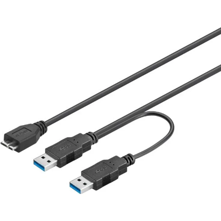 PremiumCord USB 3.0 Stromversorgung Y-Kabel, Micro USB B Stecker auf 2X USB A Stecker, Datenkabel SuperSpeed bis zu 5Gbit-S, Farbe schwarz, Länge 0, 3m