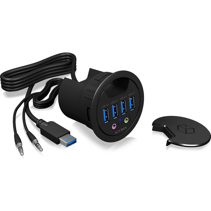 ICY BOX IB-Hub1403A USB-Tisch-Hub (60 mm) zum Einbau, 4x USB 3.0 Anschlüsse, Audio Ein--Ausgang, Kabeldurchführung Schwarz – Bild 1