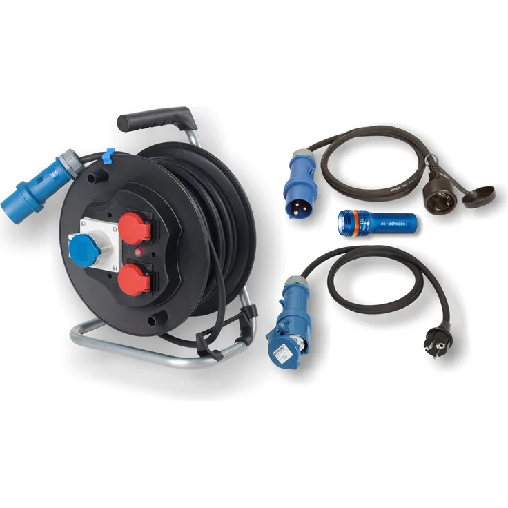 as - Schwabe Camping Set - 25 m Kabeltrommel + 2 x Adapter-Leitung 230 V E, Schutzkontakt Stecker und Buchse + Taschenlampe XT1 - Ideales Camping Zubehör - Made in Germany – Blau - Schwarz I 19600