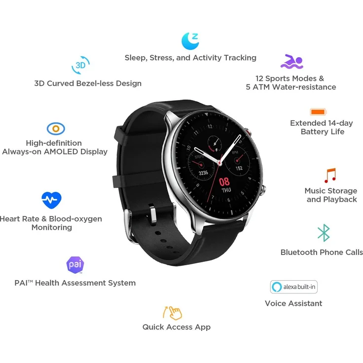 Amazfit GTR 2 Classic Smartwatch GPS, Unisex, 46,4mm, Edelstahlgehäuse, Lederarmband, Obsidian Black – Bild 8
