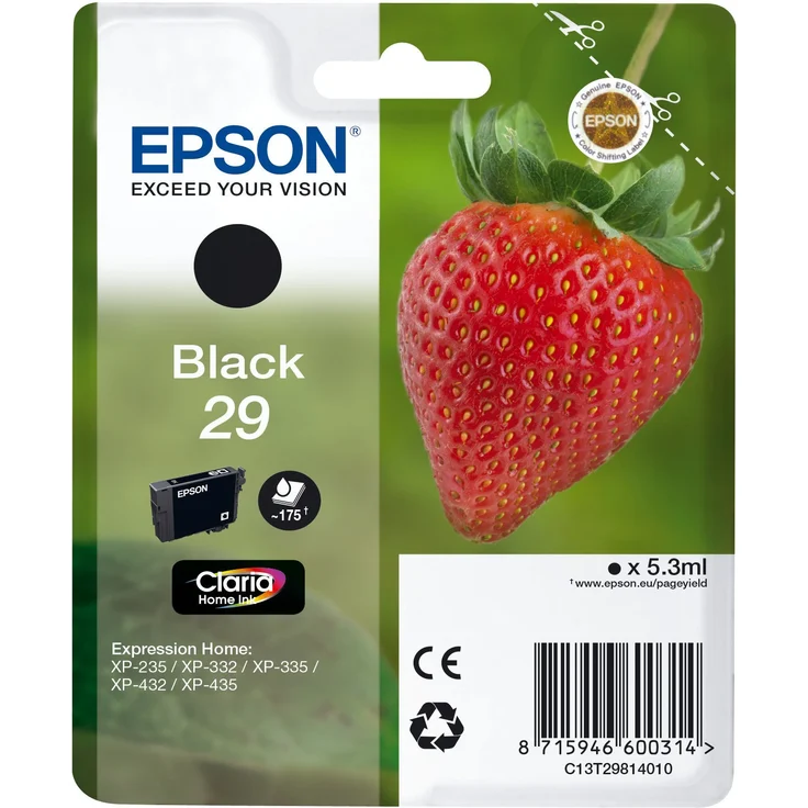 Epson Original 29 Tinte Erdbeere, XP-235 XP-332 XP-335 XP-432 XP-435 XP-245 XP-342 XP-345 XP-442 XP-445 XP-247 XP-257 XP-255 XP-352 XP-355 XP-452 XP-455, (schwarz) – Bild 1
