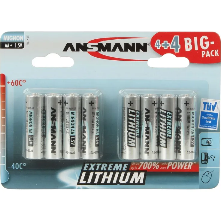 ANSMANN Extreme Lithium Batterie AA Mignon 8er Pack - 1,5V, LR6 - hohe Kapazität, extrem leich, 700% mehr Power