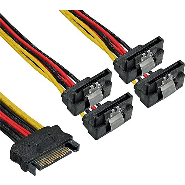 InLine 29683X SATA Strom-Y-Kabel, SATA Buchse an 4x SATA Stecker gewinkelt, mit Sicherheitslaschen, 0,3m
