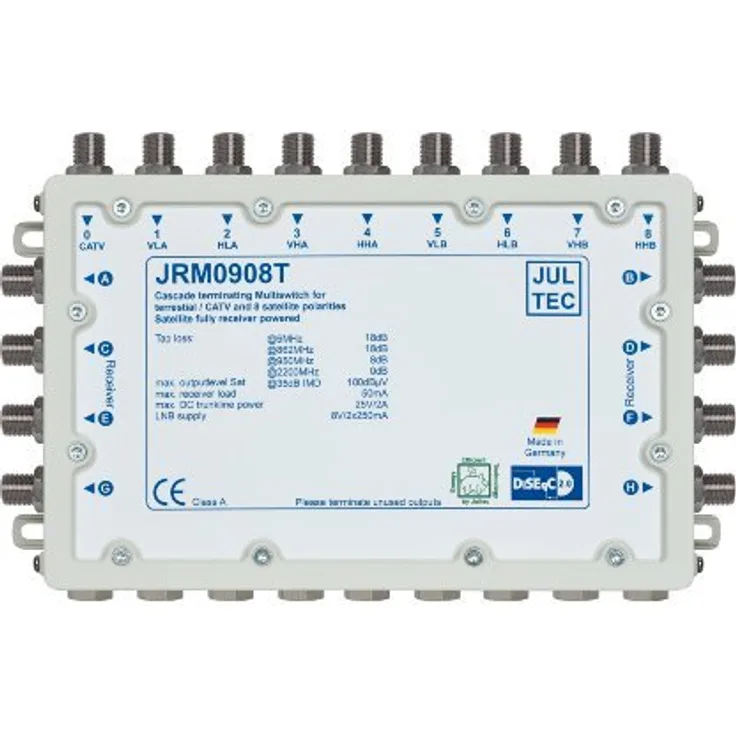 JULTEC JRM0908T 2 Satelliten Multischalter 9/8 für 8 Teilnehmer Receivergespeist ohne Strom/ Stromanschluss, Druckgussgehäuse, Neueste Generation