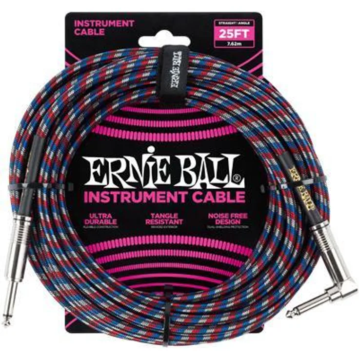 Ernie Ball 25 'geflochten gerade - Winkel Instrumentenkabel - schwarz - rot - blau - weiß
