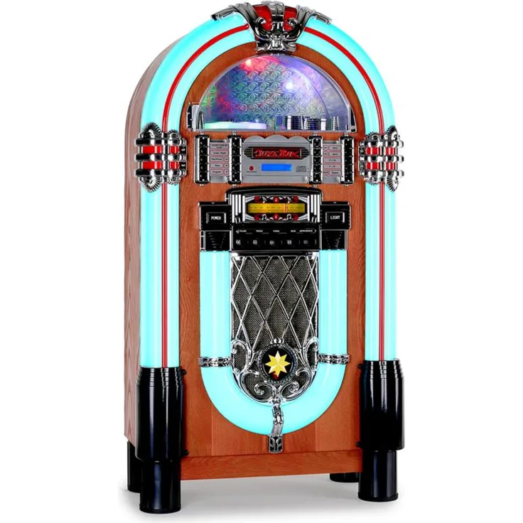 auna Graceland TT - Jukebox, Retro Musikbox, Bluetooth, Plattenspieler, MP3-fähiger CD-Player, USB-Port, SD-Karten Slot, Aufnahmefunktion, AUX-Eingang, UKW Radio, LED-Beleuchtung, braun