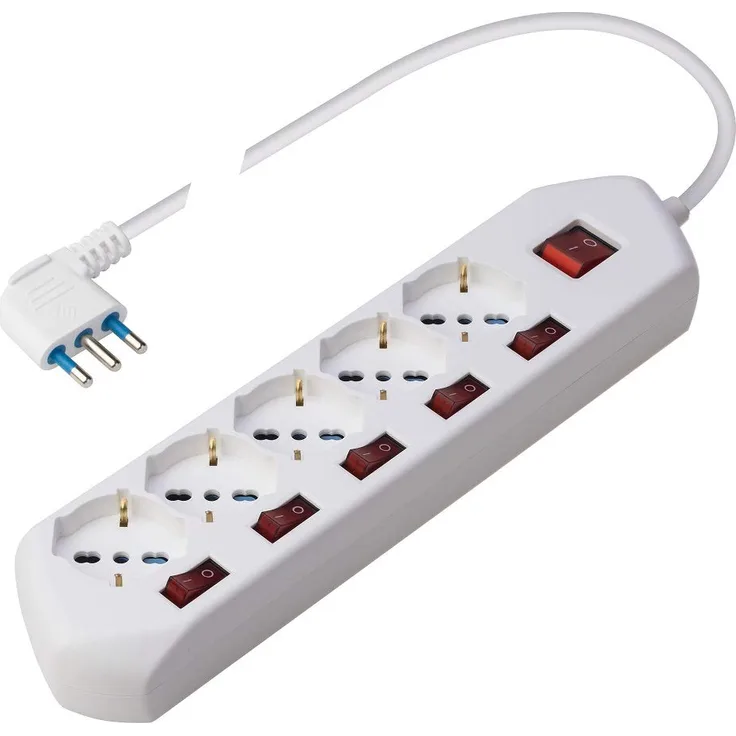 Poly Pool PP2509 MULTISWITCH Mehrfachsteckdose mit 5 Steckdosen P40 Pluristandard und 5 Kanälen Indianerfassung groß 16 A 1,5 Meter Kabel Hauptschalter Weiß