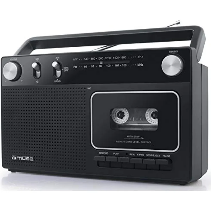 Muse M-152 RC Retro Kassettenrekorder mit Aufnahme-Funktion, Batteriebetrieb möglich (UKW und MW-Tuner, AUX-Eingang, Teleskopantenne), schwarz