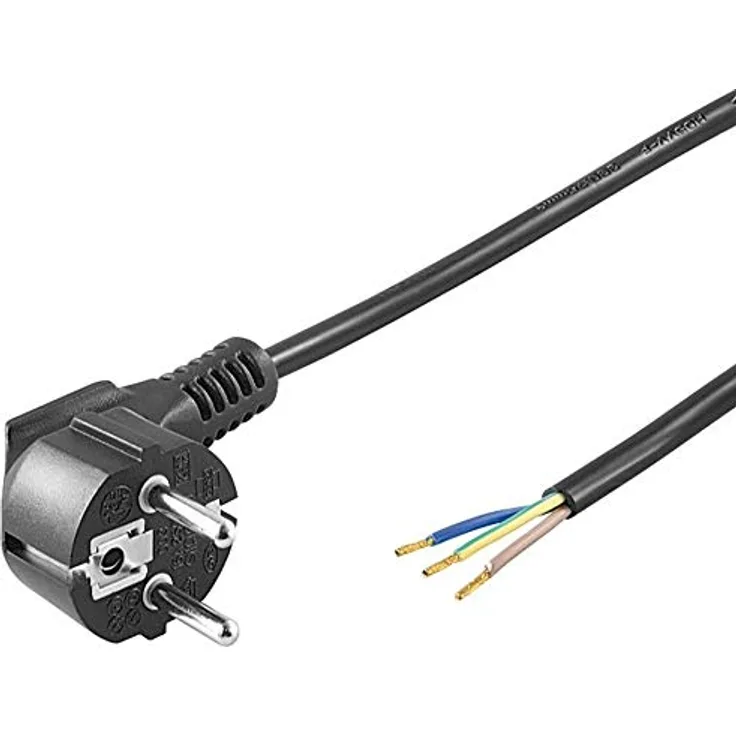 PremiumCord Netzkabel 230V 2m, CEE 7/7 Schuko Stecker abgewinkelt zu offenem Kabelende, 3 Kabelenden freigelegt, Farbe schwarz