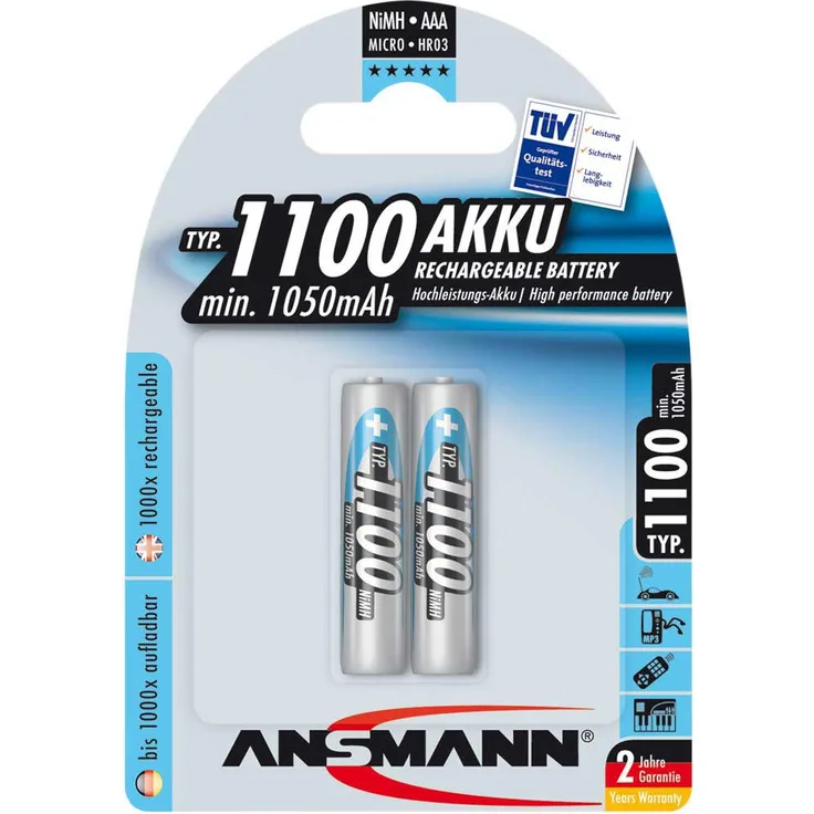 ANSMANN Akku AAA Micro Typ 1100mAh - 1,2V - Leistungsstarke NiMH AAA Akkus für Geräte mit hohem Stromverbrauch - wiederaufladbare Batterien AAA ideal für Blitzgerät Kamera & Fernbedienung - 2 Stück