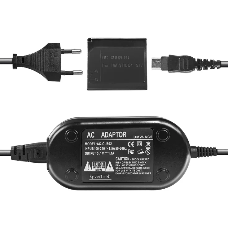 kj-vertrieb Netzteil mit Akkuadapter für Panasonic Lumix DMC-FT1, DMC-FT2, DMC-FP8, DMC-FX40, DMC-FX700 - ersetzt DMW-DCC4, DMW-DCC4E, DMW-AC5, AC5EG - 5,1V 1,1A