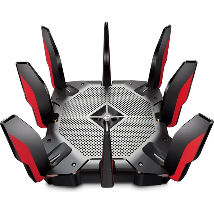 TP-Link Archer AX11000 Wi-Fi 6 Triband WLAN Gaming Router (10,76 Gbit-s auf 2x5GHz und 2.4Ghz, 8 × Gigabit LAN-Ports, 2 × USB 3.0 auf Type A und Type C, HomeCare, Schnellinstallation) schwarz, rot