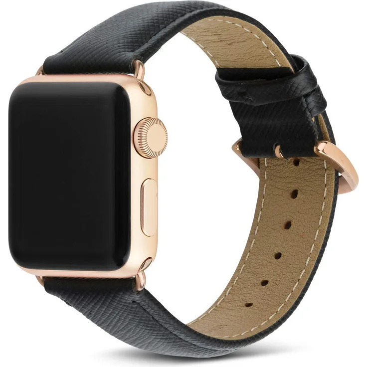 dbramante1928 Echtleder-Uhrenarmband für Apple Watch (42-44mm) - [Modell: Madrid, Saffianoleder, Handgefertigt, Farbe: night schwarz-gold] - AW42NBGO5146