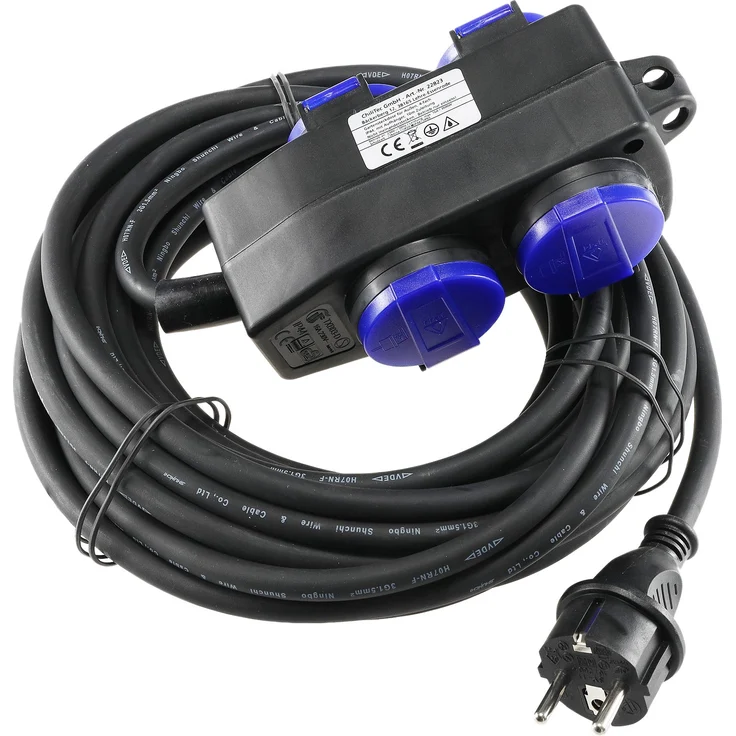 Gartensteckdose für Außen, 4-fach IP44, mit Aufhänger, 10m Zuleitung