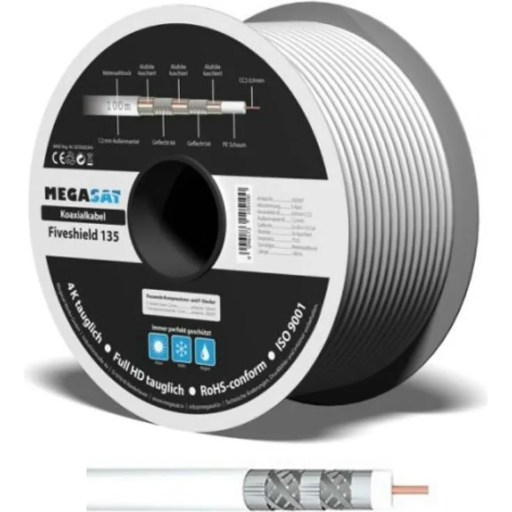 Megasat Koaxialkabel Sat Kabel 135 Fiveshild 5 Fach abgeschirmt 7mm UHD tauglich Vollkupfer 20 Meter
