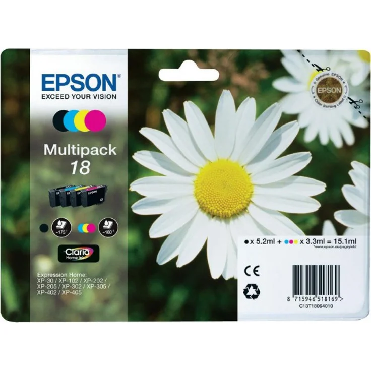 Epson Orginal 18 Tinte Gänseblümchen, XP-305 XP-402 XP-215 XP-312 XP-315 XP-412 XP-415 XP-225 XP-322 XP-325 XP-422 XP-425,Normalverpackung,Standard, (Multipack, 4-farbig) – Bild 1