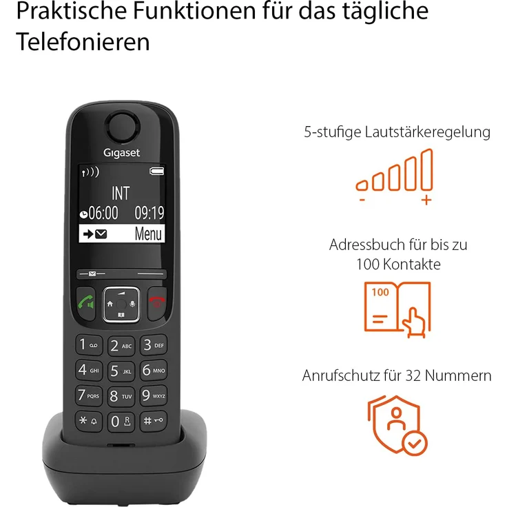 Gigaset AS690 Schnurloses Telefon, großes, kontrastreiches Display, brillante Audioqualität, einstellbare Klangprofile, Freisprechfunktion, Anrufschutz, schwarz – Bild 4