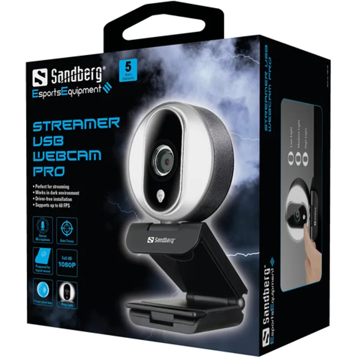 Sandberg Streamer USB Webcam Pro. Kamerabildpunkte: 2 MP, Maximale Video-Auflösung: 1920 x 1080 Pixel, Maximale Bildfrequenz: 60 fps. Schnittstelle: USB 2.0, Produktfarbe: Schwarz, Silber, Befestigungstyp: Clip - Ständer. Unterstützt Windows-Betriebssyste