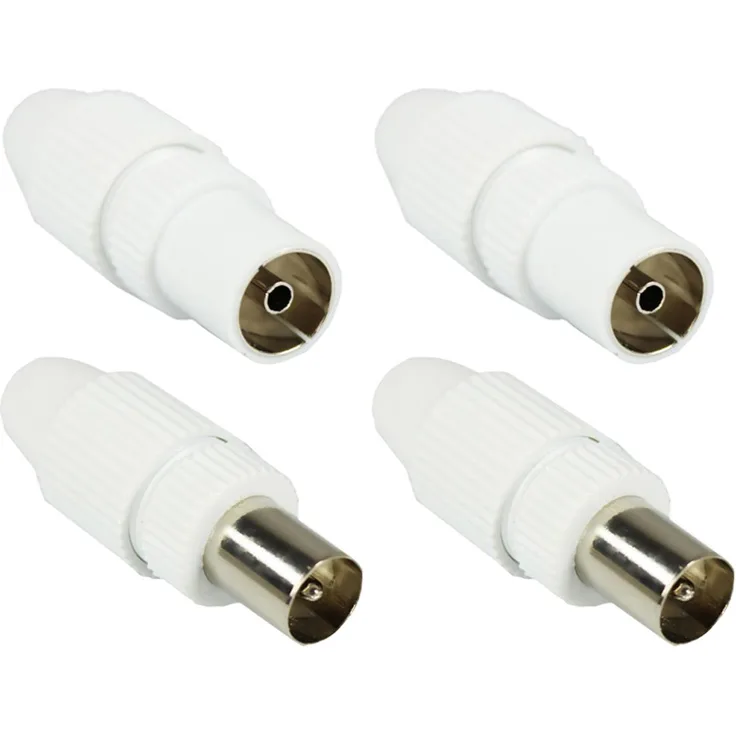 COM-FOUR HQ Set: 2x Stecker + 2x Buchse, High Quality TV Antennen Koax Stecker Kupplung weiß