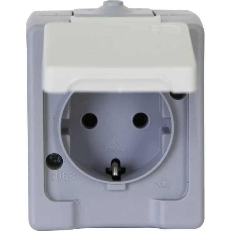 Kopp Standard Steckdose für Feuchtraum, IP 44, 250V (16A), Aufputz 1-fach Schutzkontakt-Steckdose mit Deckel, Steckklemmen, grau, 100648007