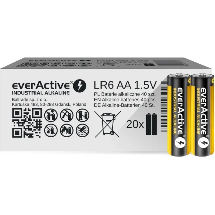 everActive AA Batterien 40er Pack, Industrial Alkaline, Mignon LR6 R6 1.5V, 5 Jahre Haltbarkeit, 40 Stück