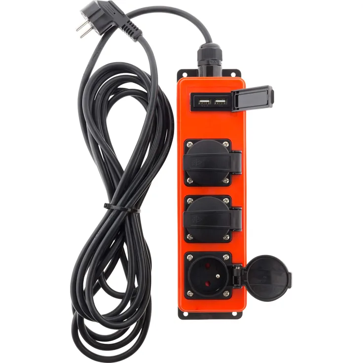 Steckdosenleiste, 3 Steckdosen, 16 A, 2P+T, mit 2 x USB 2,1 A, für den Außenbereich Kabel HO7RNF 3G1,5, 3 m, IP44, Schwarz & Rot