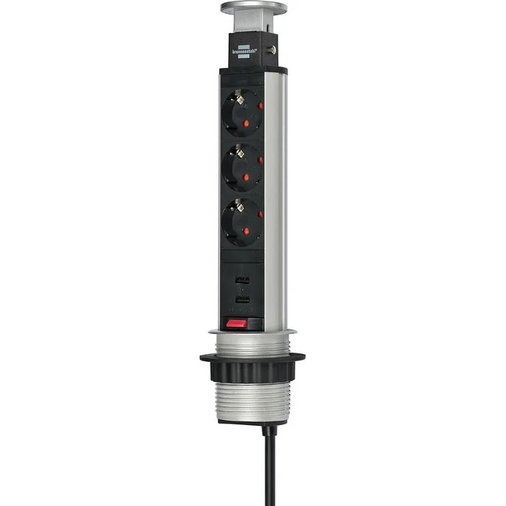 Brennenstuhl Tower Power, Tischsteckdosenleiste 3-fach (versenkbare Steckdosenleiste, 2-fach USB, 2m Kabel, komplett in Tischplatte versenkbar) silber-schwarz – Bild 1