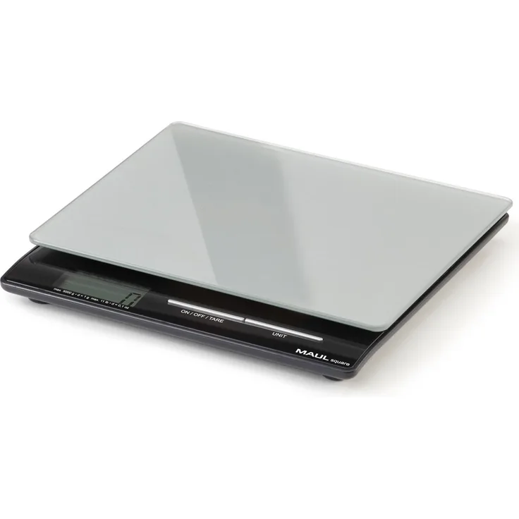 Maul Briefwaage MAULsquare, Küchenwaage Glasoberfläche 18 x 15 cm, Inklusive Batterie, 5000 g, Silber, 1 Stück