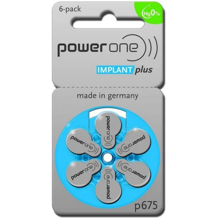 power one - IMPLANT plus - p675 - 1,4 Volt 540mAh Zink Luft - Hörgerätebatterie - 6er Blister
